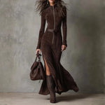 Μαρία - Κομψό Μακρύ Φόρεμα από Σουέντ με Ζώνη και Σκίσιμο