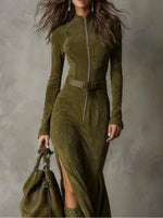 Μαρία - Κομψό Μακρύ Φόρεμα από Σουέντ με Ζώνη και Σκίσιμο