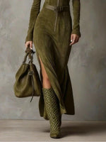 Μαρία - Κομψό Μακρύ Φόρεμα από Σουέντ με Ζώνη και Σκίσιμο